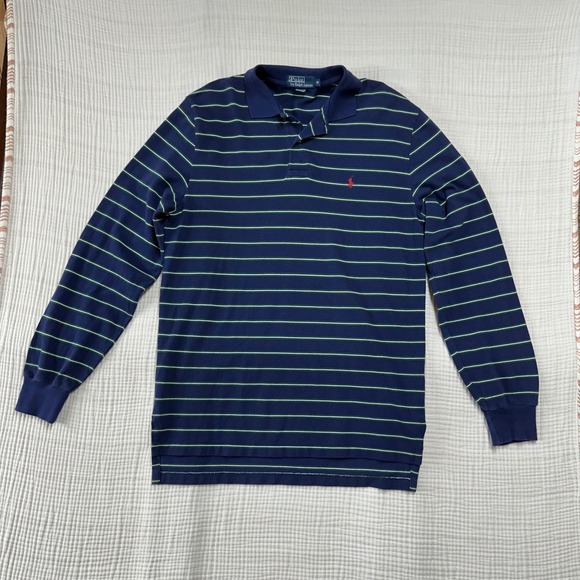 Polo Ralph Lauren Blue & Green Striped Henley Red Pony M USA made - Picture 2 of 6